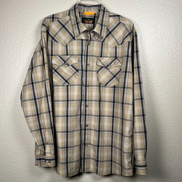 Orvis Trout Bum Sz Mens L Long-Sleeve Snap Western Fishing Shirt Tan Blk Striped - Picture 2 of 14